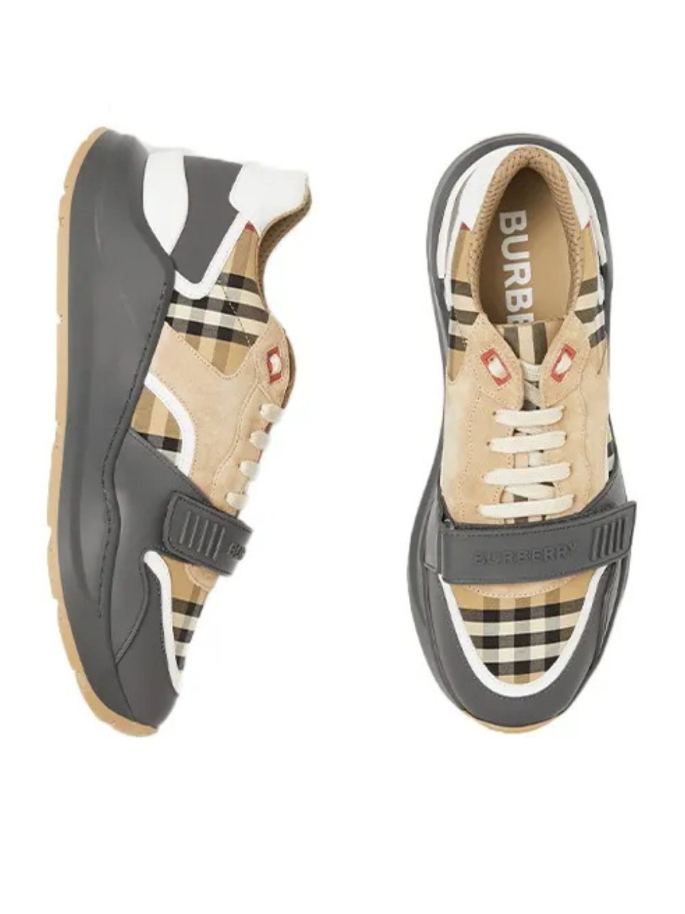 Burberry Ramsey Vintage Check Suede Leather Trainers Grey Archive Beig